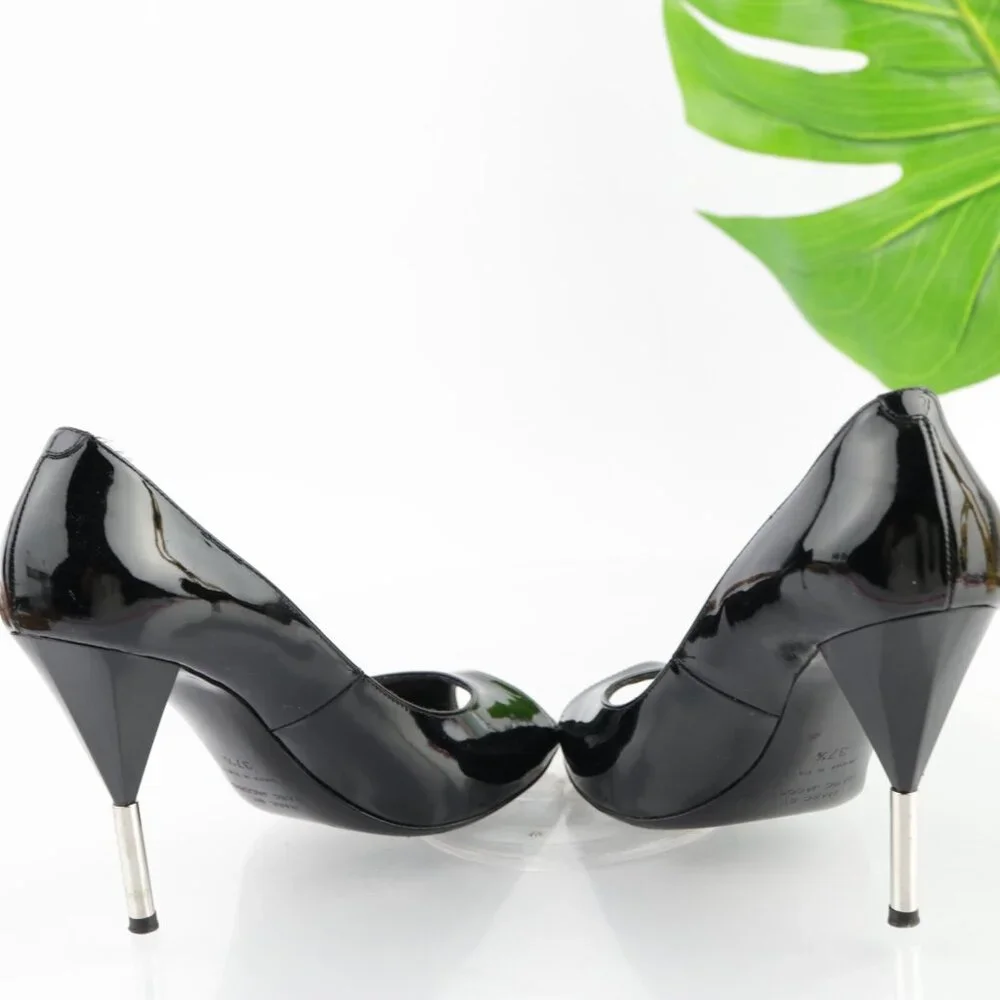 Marc Jacobs Womens Pumps Size 37.5 7.5 Black Patent Peep Toe Nail Tip Heel Italy